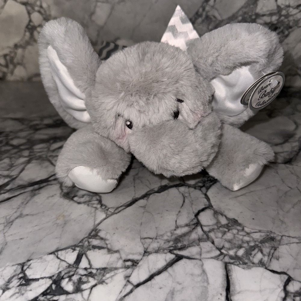 Bearington Baby Rattle Lovey Security Plush Elephant Gray Satin Bow Chevron NEW
